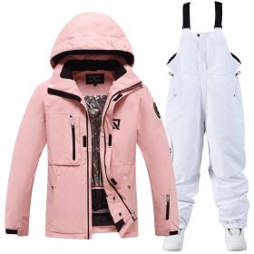 Men's And Women's Winter Outdoors Veneer Double Board Ski Suit (Option: Pink Top And White Pants-S)