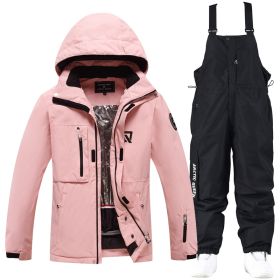 Men's And Women's Winter Outdoors Veneer Double Board Ski Suit (Option: Pink Top And Black Pants-M)